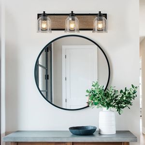 Lampada da bagno a 3 luci in stile rustico M, finitura effetto legno nero, 23 pollici, con paralumi in vetro smerigliato trasparente - Product Image 2