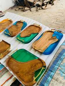 Handcrafted Ocean Blue <b>Epoxy</b> Resin Wooden Serving Tray with Durable Gold Metal Handles for Kitchen, <b>Coffee</b> <b>Table</b> & Gift Giving - Product Image 3