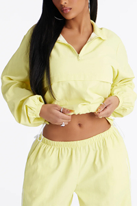 Women's Light Yellow Tracksuit Set quarter zipper <b>Crop</b> <b>Top</b> jacket Pants Loose Fit women's nylon windbreaker tracksuit - Product Image 6