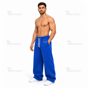 Pantalon de survêtement en coton bleu pour homme Tiierwear, taille élastique avec cordon de serrage, coupe décontractée ample avec logo imprimé, idéal pour le printemps - Product Image 2
