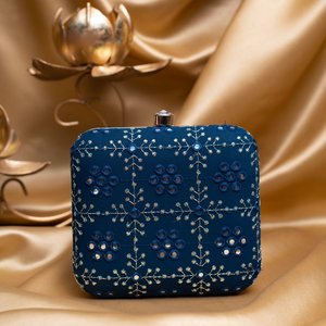 Blue Based <b>Silver</b> Threadwork Embroidery <b>Clutch</b> Bag Elegant Designer Evening Purse for Women Events - Product Image 1