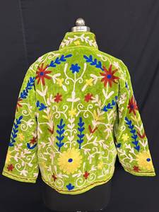 Handmade Green <b>Velvet</b> Floral Embroidered <b>Jacket</b> Designer <b>Women</b> Open Front Short Coat Kashmiri Style Festive Winter Outerwear - Product Image 3