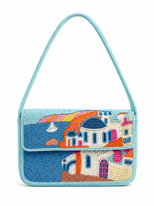Sac à bandoulière de luxe fait main en perles de verre, thème voyage Santorin Paris, sac à main de créateur, personnalisation OEM ODM, vente en gros - Product Image 1