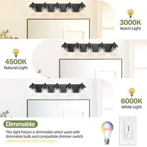 Lampada da Bagno Moderna a 5 Luci, Applique da Parete da 31 Pollici con Paralume in Vetro Nero e Specchio, Illuminazione per Vanità - Product Image 6