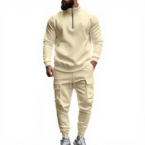 New Arrival <b>Men's</b> Casual Solid Color <b>Turtleneck</b> Short Sleeve Breathable Polyester / Cotton Lightweight Sweatshirt Two-Piece Suit - Product Image 3