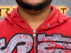 Custom Red Distressed <b>Zip</b> <b>Up</b> <b>Hoodie</b> Oversized Streetwear <b>Graphic</b> Print Rhinestone Studded Hood Unisex Manufacturer Wholesale OEM - Product Image 3