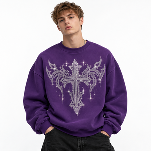 Sweat-shirt surdimensionné à col rond pour homme, pull à manches longues en polaire, style urbain, imprimé strass, épaules tombantes - Product Image 2