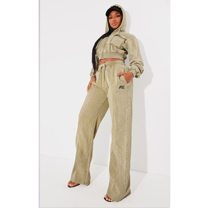 Custom Women Acid Wash Cropped Zip Hoodie Wide Leg Sweatpants <b>Set</b> Vintage Fleece Two Piece Tracksuit OEM Supplier - Product Image 1