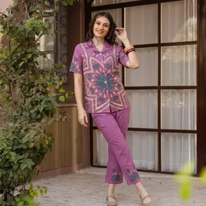 Women Purple Embroidered Co Ord Set Short Sleeve Collar Top Matching Pants Ethnic Floral Print Casual Stylish Summer Outfit - Product Image 2