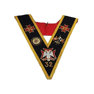 Custom V-Shaped Masonic <b>Collar</b> Embroidered With Cross Pattern Gold Trim Sew-On Badge Classical Design Fabric Garment Application - Product Image 1