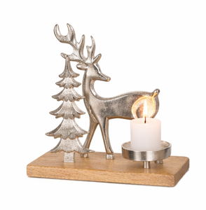 Handmade Silver Metal Reindeer And Tree Candle Holder With Natural Mango Wood Base Premium Christmas Tealight <b>Stand</b> For Home - Product Image 2