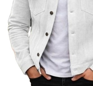 Veste en jean blanche pour homme, col rabattu décontracté, coupe classique, simple boutonnage, coton délavé, style printemps - Product Image 3