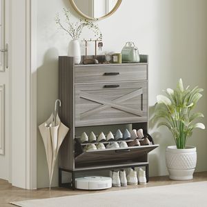 Scarpiera sottile in stile rustico con 2 cassetti ribaltabili, in truciolato grigio anticato, per 12 paia, organizer salvaspazio - Product Image 2