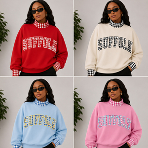 Sweat-shirt oversize pour femme, style universitaire, avec patchwork à carreaux et motif lettres, col rond, style preppy, en molleton à col montant à carreaux. - Product Image 5