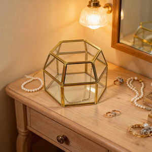 Vintage Glass Jewelry <b>Trinket</b> <b>Box</b> - Geometric Golden Vanity Organizer holder with Drawer, Decorative Jewelry Display Glass <b>Box</b> - Product Image 6