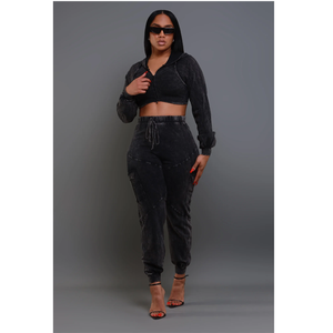Ensemble haut court à capuche en tricot noir pour femme et pantalon de jogging taille haute, manches longues, style décontracté, couleur unie, respirant, toutes saisons - Product Image 5