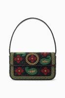 Sac bandoulière perlé avec broderie florale, style bohème estival, fermeture à rabat, mini sac pour femme