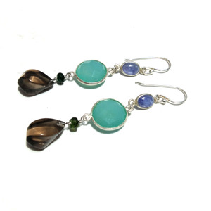 Pendientes Colgantes Ovalados de Piedra Natural Calcedonia Acuática, Cuarzo Ahumado y Tanzanita, Plata de Ley 925, Hechos a Mano, Unisex, Venta al Por Mayor - Product Image 4