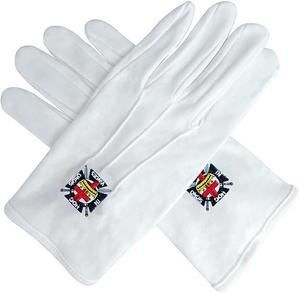 Guantes de algodón 100% bordados con máquina, con el escuadra y el compás de la logia azul masónica y la máquina G, color blanco. - Product Image 6
