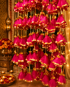 Décorations suspendues artisanales indiennes en filet Gota avec pompons pour mariage, Haldi, Mehendi, Diwali, temple domestique, toile de fond festive, Gota coloré - Product Image 5