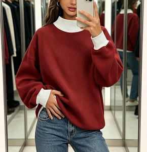 Sweat-shirts oversize pour femmes, col roulé, color block, 100% coton, 280 GSM, polaire, pull à manches longues, coupe ample, mode automne - Product Image 6