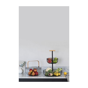 Cestino per frutta a due livelli in metallo nero con manico in legno per la conservazione in cucina - Product Image 2