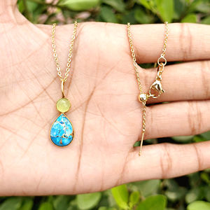 Hypoallergenic necklace prehnite chalcedony <b>with</b> mohave blue copper turquoise bezel set pendant 18k gold plated brass necklace - Product Image 3