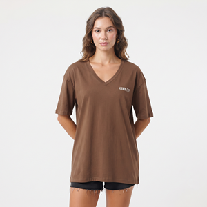 T-shirt personnalisé en coton épais pour femme, col en V, coupe oversize, uni, manches courtes, style streetwear décontracté, vente en gros - Product Image 1