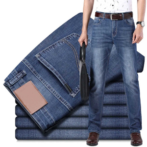New Men's Business Blue Denim Straight Leg Pants Casual Loose High <b>Waist</b> <b>Elastic</b> Trousers Denim <b>Jeans</b> Pant - Product Image 2
