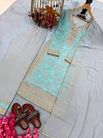 Salwar Kameez traditionnel pour femmes, bleu clair, broderie dorée, longueur au sol, en soie, tenue de mariage, robe ethnique Inde Pakistan