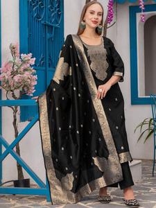 Black Silk Blend Gold Print Quick Dry <b>Kurta</b> Set Dupatta Traditional Indian <b>Women</b> Wedding Wear Knee-Length Regular Fit - Product Image 1