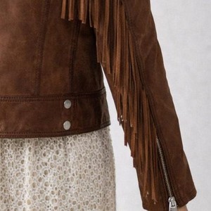 Premium Brown Women Fringe <b>Suede</b> <b>Leather</b> <b>Jacket</b> Asymmetric Zip Closure Belted Waist Custom Sample And Customization Available - Product Image 2