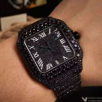 Montre analogique de luxe classique en acier inoxydable 41 mm avec cadran carré, mouvement ETA, moissanite VVS, charme hip-hop, argent et noir