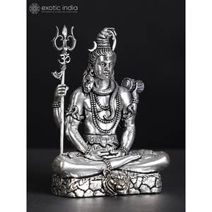 Petite Sculpture de Lord Shiva Superfine à quatre bras en laiton plaqué argent Pose assise - Product Image 1
