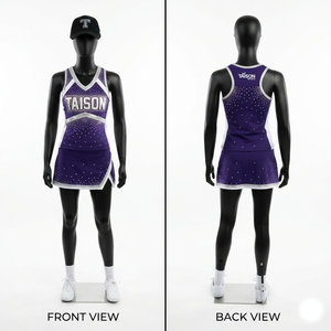 Uniforme de cheerleading en polyester et élasthanne de qualité supérieure 260 GSM, design à panneaux violet et argent, impression de logo personnalisée - Product Image 1