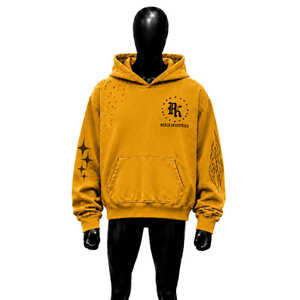 Yellow Oversized Distressed <b>Pullover</b> Hoodie Embroidered Streetwear Fleece Kangaroo Pocket Casual <b>Men's</b> 100% Cotton Breathable - Product Image 1