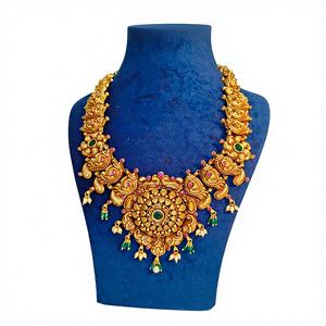 Collar de templo tradicional con trabajo Nakshi, acabado en oro antiguo, con incrustaciones de piedra Kemp, para novia, estilo étnico, para compromiso o aniversario - Product Image 1