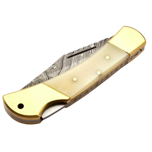 Custom Handmade Damascus <b>Steel</b> Lock Back Folding Knives with Cream Handle Gold Brass Bolsters for <b>Outdoor</b> Hunting Camping Gear - Product Image 5