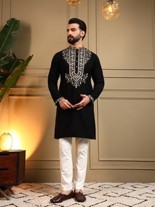 Conjunto de Kurta y Pijama con Lentejuelas para Hombre, Cuello Redondo Clásico, Costuras Tradicionales, Prendas Étnicas Festivas para Boda - Product Image 2