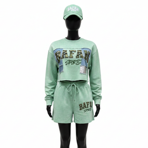 Ensemble court en molleton 100 % coton premium pour femme, vert menthe doux, broderie et sérigraphie, logo personnalisé, ensembles pour femme - Product Image 6