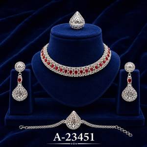 Gold Plated Alloy Necklace Earrings <b>Bracelet</b> Set With <b>Ruby</b> Inlay Water Drop Design Ethnic Wedding Jewelry For Women A-23450 - Product Image 3