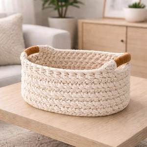 Panier de rangement ovale en corde de coton avec poignées en bois, style nordique, bac d'organisation multi-usages - Product Image 1