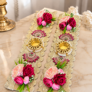 Luxury Floral Diya Wall Hanging Pair Handmade Wedding <b>Mandir</b> Decor Pearl Gold Patti Pooja Festival Home Gift Item - Product Image 1