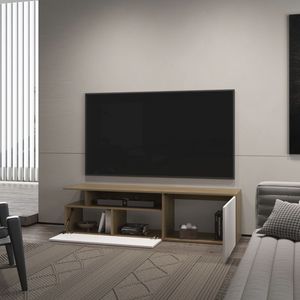FM mobile Dilkon in rovere naturale e supporto per TV bianco con porta a discesa a cerniera con ripiani aperti per la gestione dei cavi - Product Image 4