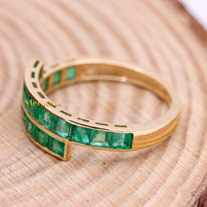 14K Solid Yellow Gold Natural <b>Emerald</b> Bypass <b>Ring</b> Channel Set Square Gemstone Handmade Wedding <b>Band</b> Fine Jewelry Wholesale - Product Image 6