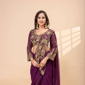 Ready to Wear Saree With Heavy <b>Thread</b> Embroidery Work Faux Georgette Embroidery <b>Thread</b> & Semi <b>Beads</b> Work Saree and Blouse - Product Image 1