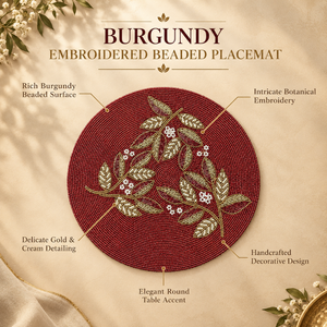 Burgundy Embroidered <b>Glass</b> Beaded Round Modern <b>Heat</b> <b>Resistant</b> Placemat | Handcrafted Floral Table Mat Dining Decor Elegant - Product Image 5