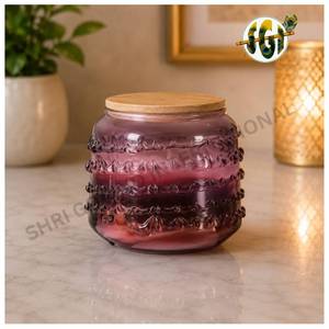 Pot à bougie en verre artisanal violet avec couvercle en bois, motif en relief, résistant à la chaleur, décoration d'intérieur pour Noël, la Saint-Valentin, Pâques - Product Image 1