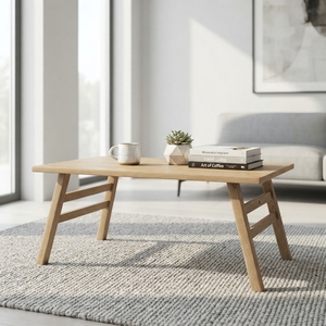 <b>Solid</b> <b>Wood</b> Rectangular Coffee Table Modern Minimalist A Line Frame Leg Natural Teak Style Wooden Tea Stand Living Room Furniture - Product Image 4