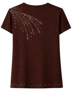 T-shirt en coton marron personnalisé pour femme avec strass et pompons, manches courtes, col rond, haut décontracté et tendance pour femme, vente en gros sur mesure - Product Image 5